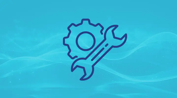 Wrench and gear icon on a light blue background